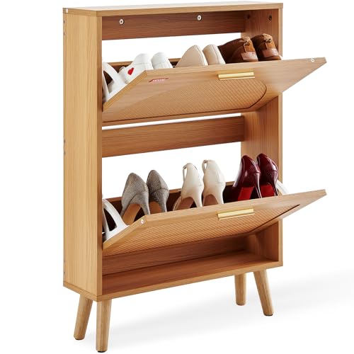 VEVOR Shoe Cabinet with 2 Flip Drawers, Shoe Storage Cabinet for Entryway, Free Standing Shoe Storage Organizer with Rattan Doors for Heels, Boots, Slippers in Hallway, Living Room