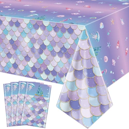 4 Pcs Mermaid Tablecloths, Mermaid Birthday Table Covers, Rectangular Mermaid Ocean Sea Fish Scales Table Cloths for Girls Under the Sea Baby Shower Mermaid Party Supplies, 51 x 86 Inch (Mermaid)