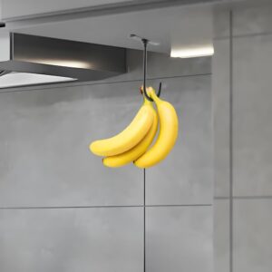 Ranjaner 2Pcs Banana Hook with S Hooks, Self Adhesive Metal Hooks Under Cabinet to Keep Bananas Fresh, Kitchenware Hanging Tools for Fruit, Pots, Towels, Cup(Black)