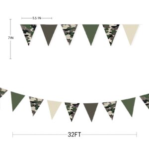 32Ft Camouflage Party Decorations Green Brown Camo Hero Pennant Banner Fabric Triangle Flag Bunting Garland Streamers for Military Soldier Army Tank Birthday Baby Shower Hunting Camping Party Decor