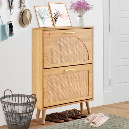 VEVOR Shoe Cabinet with 2 Flip Drawers, Shoe Storage Cabinet for Entryway, Free Standing Shoe Storage Organizer with Rattan Doors for Heels, Boots, Slippers in Hallway, Living Room