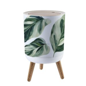 small trash can with lid for bathroom kitchen office diaper set tropical leaves white background watercolor wrapping textile bedroom garbage trash bin dog proof waste basket cute decorative