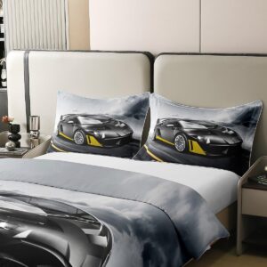 Erosebridal 100% Cotton Race Car Comforter Cover Full Size for Kids Boys Teens Cool Speed Racing Car Bedding Set Automobile Print Sports Game Theme Duvet Cover 3 Pcs with 2 Pillow Cases, Grey Black