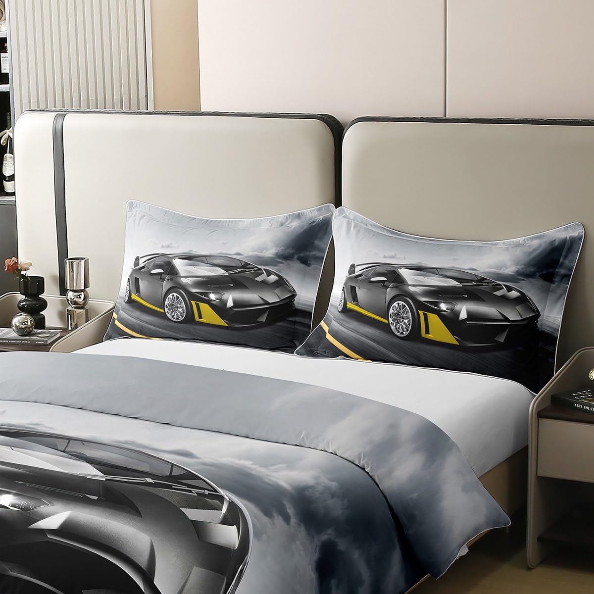 Erosebridal 100% Cotton Race Car Comforter Cover Full Size for Kids Boys Teens Cool Speed Racing Car Bedding Set Automobile Print Sports Game Theme Duvet Cover 3 Pcs with 2 Pillow Cases, Grey Black