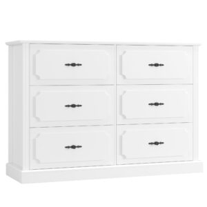 FINETONES White Dresser 6 Drawer, 47.2'' White Dresser Chest of Drawers, Farmhouse Wide Dresser White Chest of Drawers with Designed Drawer Surfaces, 6 Drawer Dresser Storage Organizer