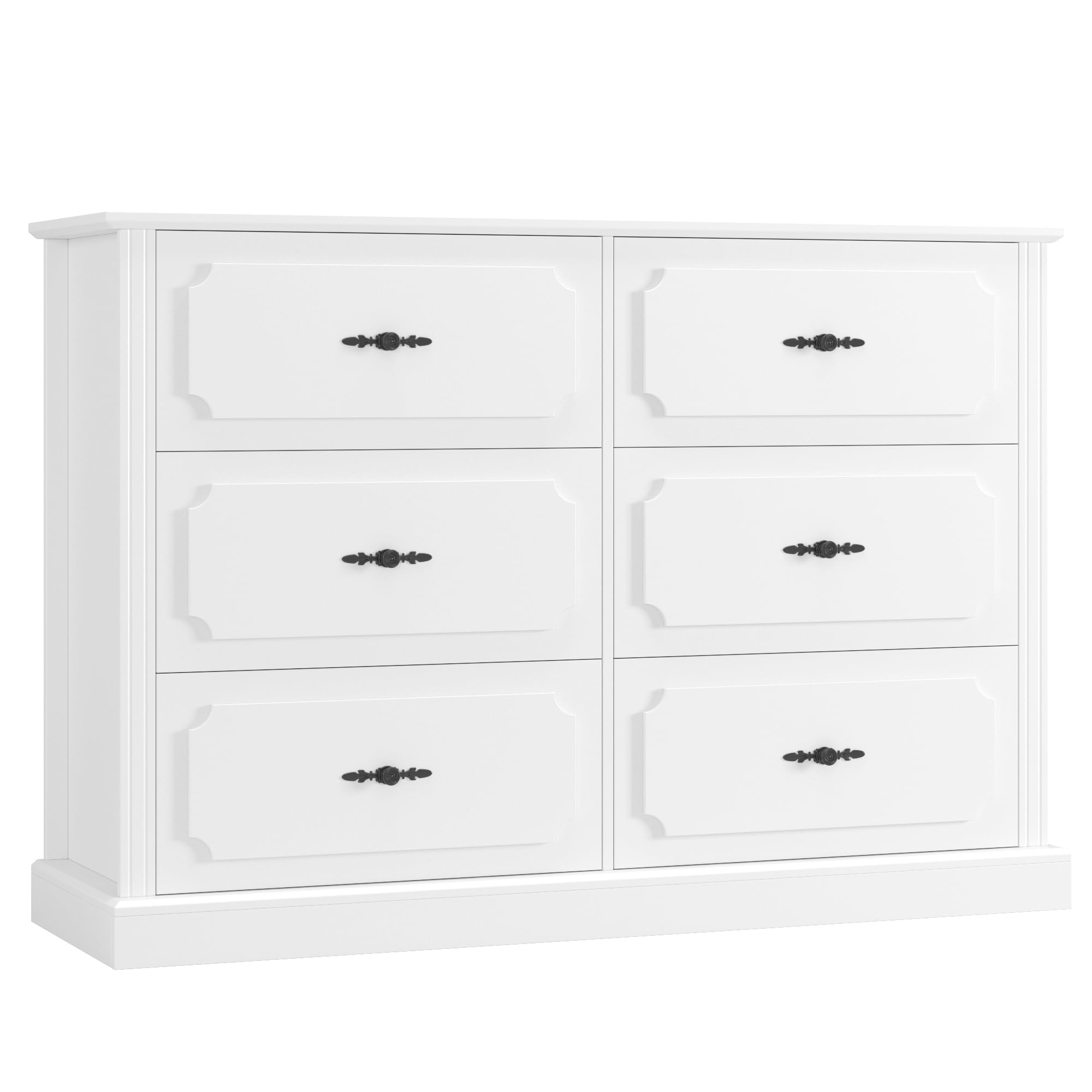 FINETONES White Dresser 6 Drawer, 47.2'' White Dresser Chest of Drawers, Farmhouse Wide Dresser White Chest of Drawers with Designed Drawer Surfaces, 6 Drawer Dresser Storage Organizer