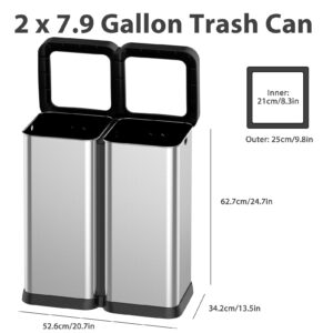 GAOMON 2x7.9 Gallon Kitchen Trash Can, Dual Compartment Waste Bins, Open Top, No Lid Stainless Steel Trash Bin for Kitchen, Office, Restaurant