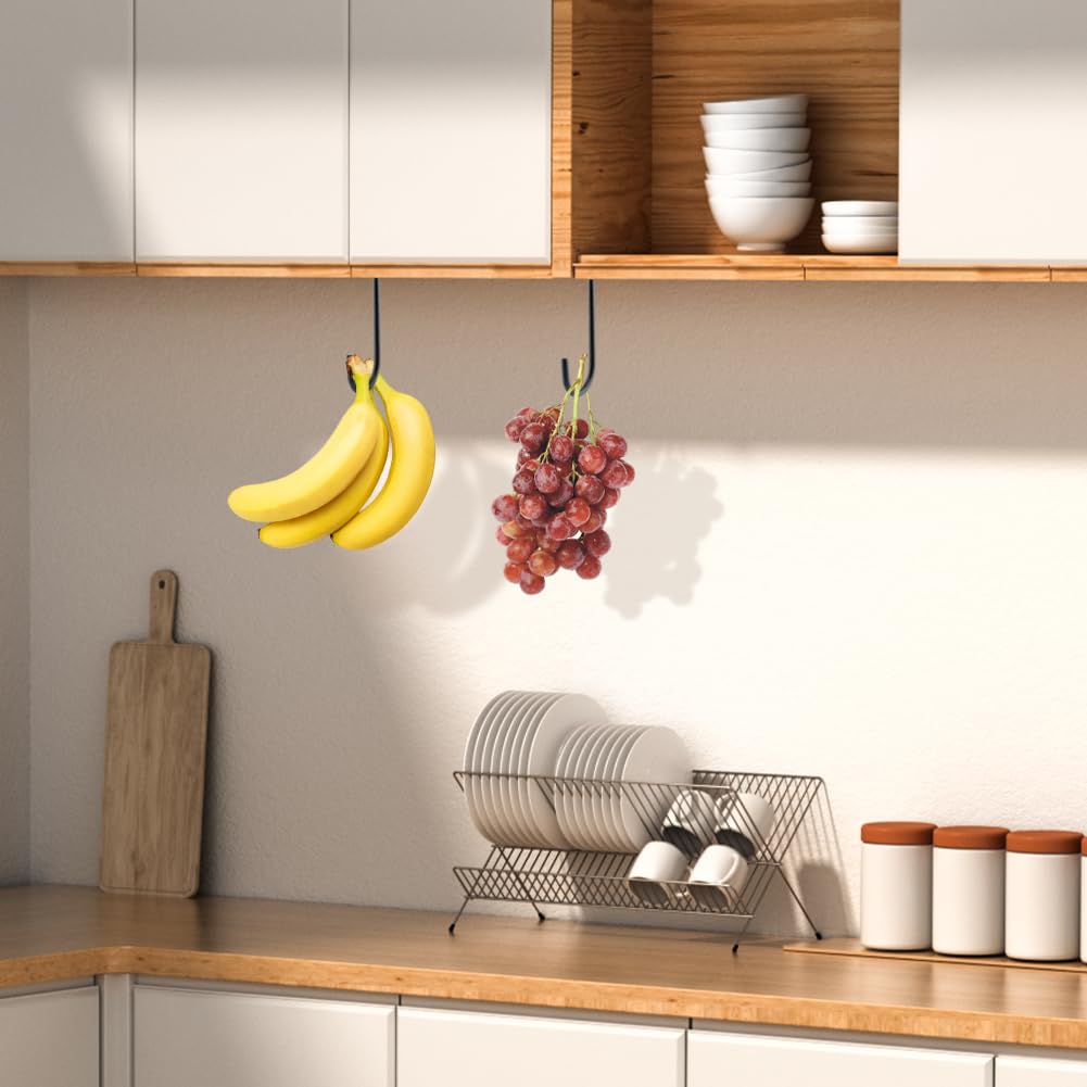 Ranjaner 2Pcs Banana Hook with S Hooks, Self Adhesive Metal Hooks Under Cabinet to Keep Bananas Fresh, Kitchenware Hanging Tools for Fruit, Pots, Towels, Cup(Black)