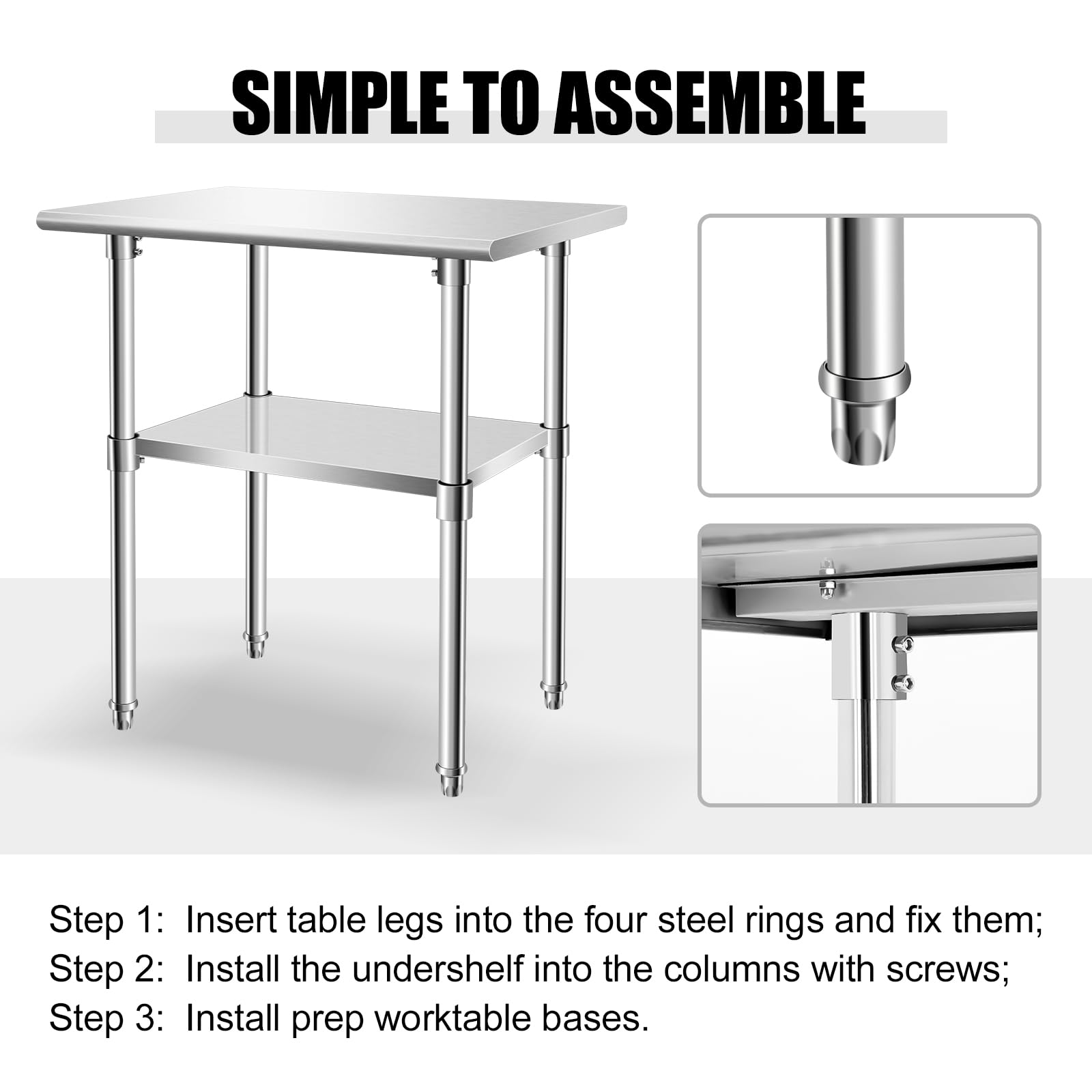 KODOM Food Prep Stainless Steel Table 30" x 24", Heavy Duty Workbench with Adjustable Under Shelf, Commercial Worktable for Kitchen, Restaurant, Home and Hotel