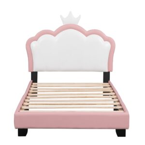 P PURLOVE Twin Size Upholstered Princess Bed for Girls with Crown Headboard,Twin Size Platform Bed with Headboard and Footboard,Cute Platform Bed Frame for Kids