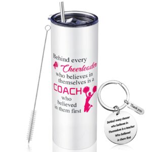 suclain 2 pcs cheer coach gifts set for women 20 oz cheerleader tumbler with lid straw and cheerleading coach keychain for coach cheerleader birthday retirement gifts(pink)