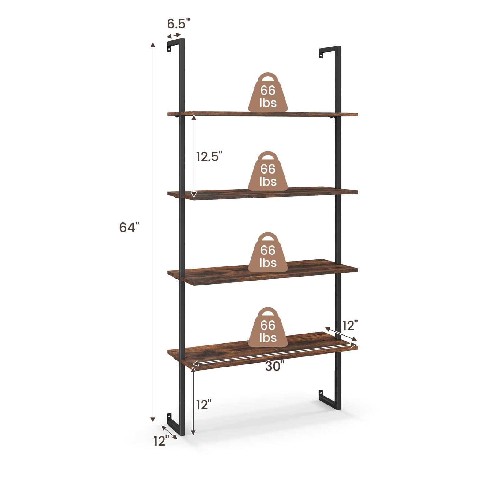 Tangkula 4-Tier Bookshelf, Wall-Mounted Open Bookcase with Metal Frame, Industrial Display Storage Ladder Shelf for Study, Living Room & Kitchen (1, Brown)