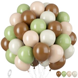 green and brown balloons, sage green brown balloons, sage green brown and beige latex balloons for safari jungle woodland theme birthday baby shower party decorations