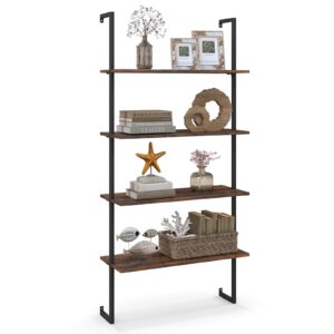 tangkula 4-tier bookshelf, wall-mounted open bookcase with metal frame, industrial display storage ladder shelf for study, living room & kitchen (1, brown)