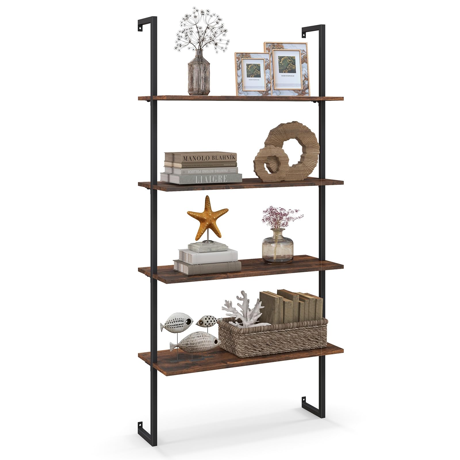 Tangkula 4-Tier Bookshelf, Wall-Mounted Open Bookcase with Metal Frame, Industrial Display Storage Ladder Shelf for Study, Living Room & Kitchen (1, Brown)