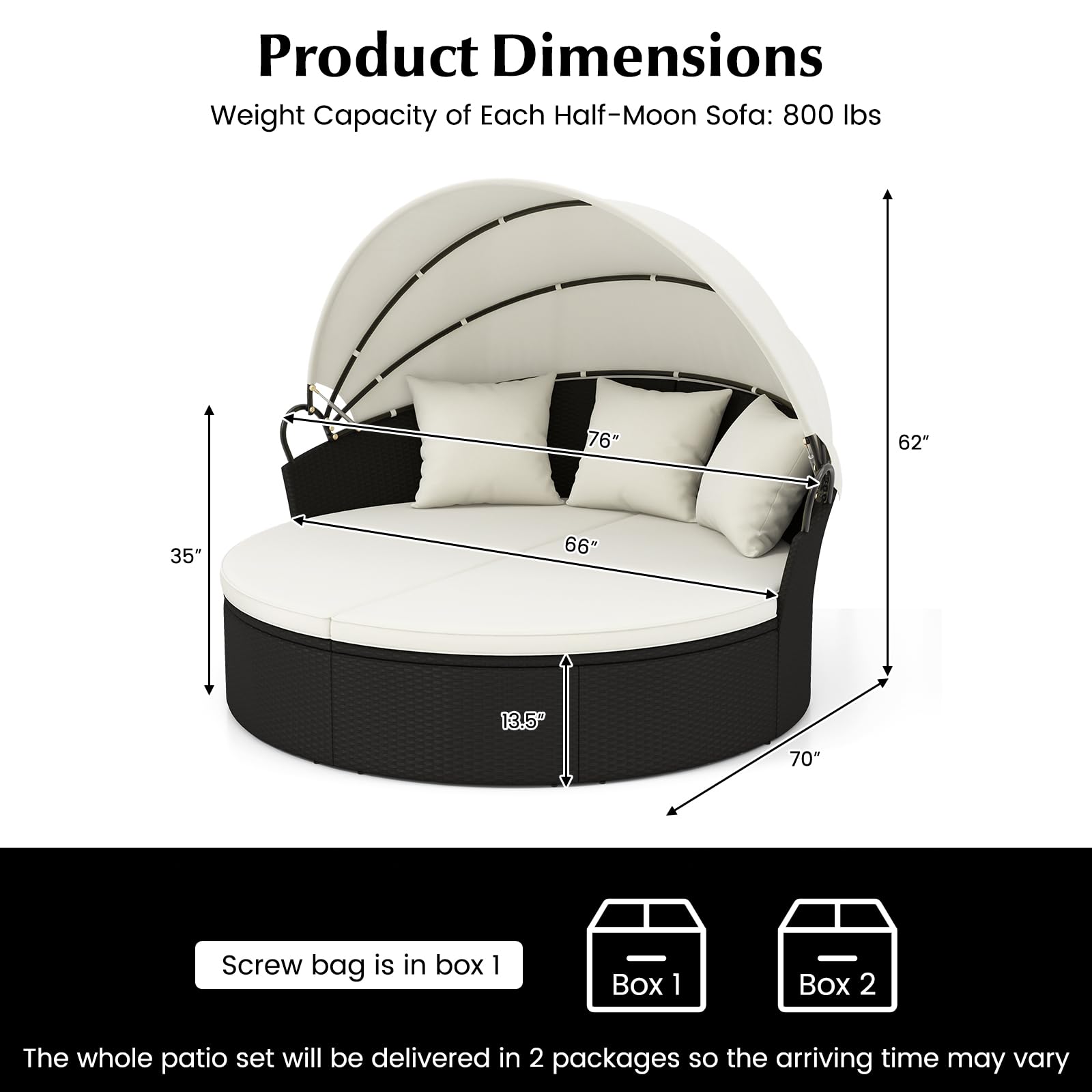 Tangkula Outdoor Patio Round Daybed with Retractable Canopy, Black Rattan Wicker Furniture Sectional Seating with Cushions and Throw Pillows, Seating Separates Cushioned Seats for Backyard (Off White)