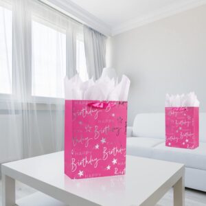 JWSCYSY 16.5" Extra Large Happy Birthday Gift Bag with Card and Tissue Papers, Huge Gift Bag for Kids Girls Birthday Party (Pink)