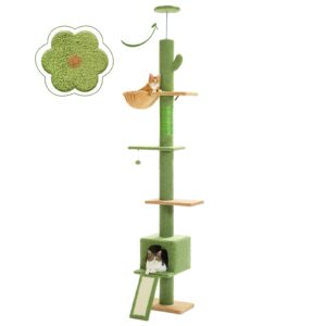 pequlti cat tree floor to ceiling,cactus tall cat tower, adjustable height (83''-108'') 5 tiers cat climbing tree for indoor cats with cat condo, cat scratching post and cat ladder, green