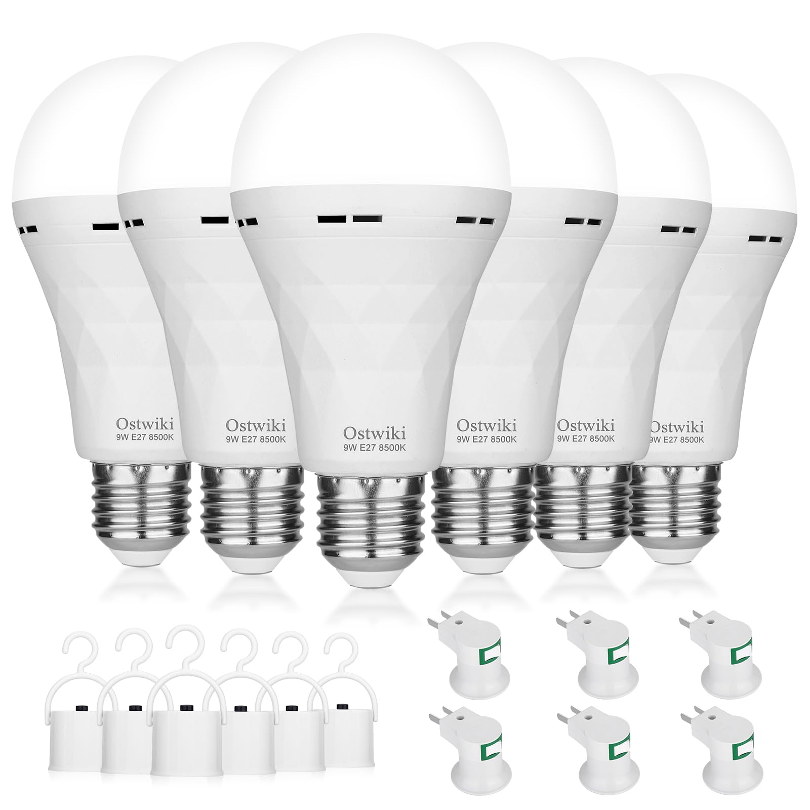 Ostwiki Emergency Rechargeable Light Bulbs,6 Pack Battery Operated Backup Light Bulb for Power Outage Camping Outdoor Hurricane 9W E27 8500K 1200mAh White Equivalent Self-Charging LED Light Bulbs