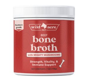 wild acre premium beef bone broth for dogs – high protein + collagen enhanced with mushroom blend for strong bones, joint flexibility, digestive comfort, and immune support - natural dog food topper