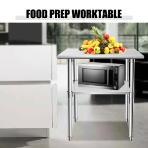 KODOM Food Prep Stainless Steel Table 30" x 24", Heavy Duty Workbench with Adjustable Under Shelf, Commercial Worktable for Kitchen, Restaurant, Home and Hotel