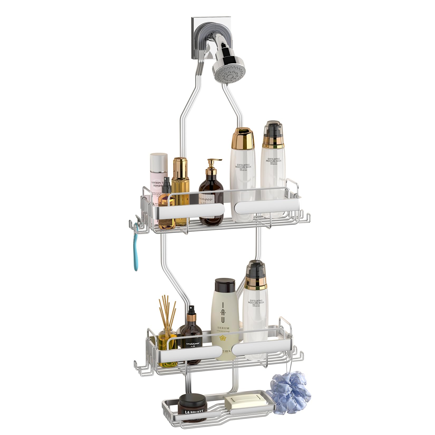 Bathroom Organizer Hanging Shower Caddy: Over Shower Head Shelf for Inside the Bath - Extra Long Rack for Tall Showerhead - Silver