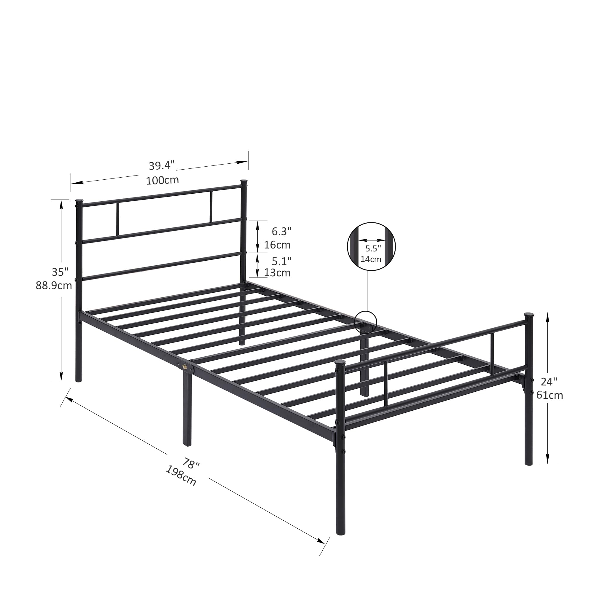 VECELO Twin Platform Bed Frame with Headboard and Footboard, 12'' Under-Bed Storage & Strong Metal Slats Support, No Box Spring Needed