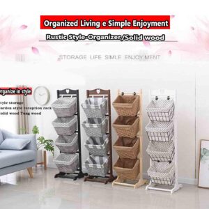 3-Tier Floor Stand with Water Hyacinth Storage Baskets,with Market Basket Storage Bins-Vertical Standing Rack for Living Room,Laundry, Bedroom, Bathroom,Office Organization(Three layers, White+Gray)