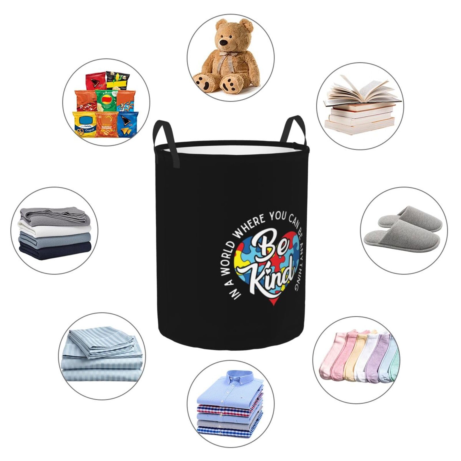 Autism In A World Where You Can Be Anything Be Kind Laundry Basket Round Portable Storage Box Organizer Laundry Basket Portable Laundry Organizer