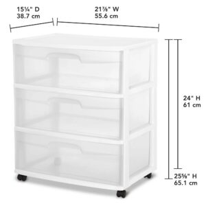 Plastic Storage Drawer Cart, Medium Home Organization Storage Container with 3 Large Clear Drawers With Wheels (WHITE)