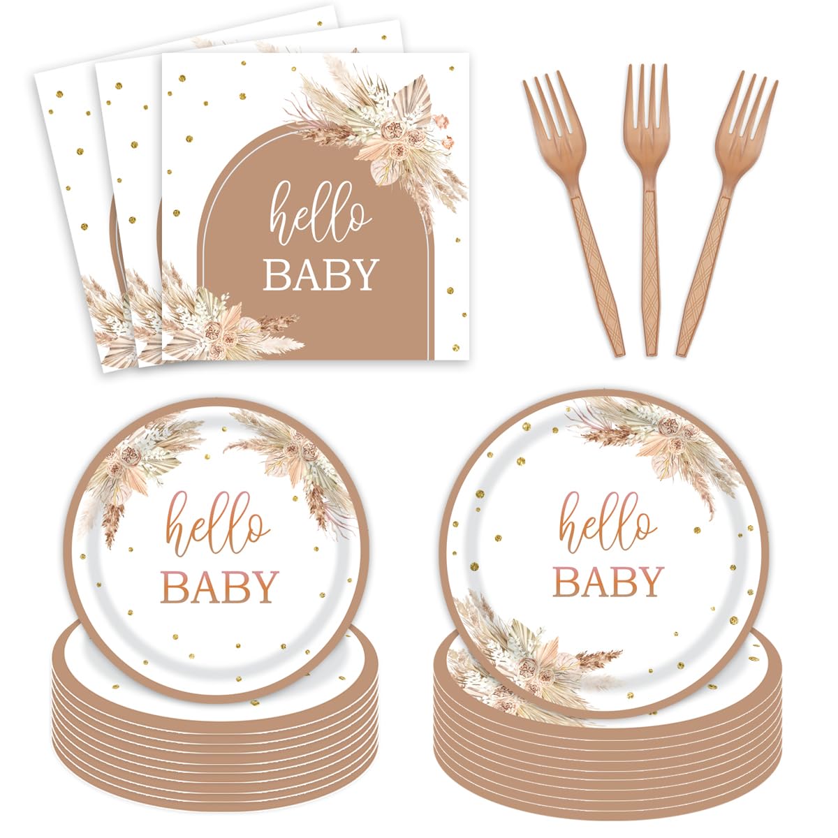 96pcs Boho Baby Shower Party Plates and Napkins Tableware Set for 24 Guests Bohemian Pampas Grass Floral Rainbow Arch Party Dinnerware Supplies Favors Decorations for Hello Baby Events