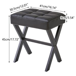 IBUYKE Square Makeup Stool with X-Leg Foot Rest, PU Footrest Stool, Ottoman Seat Vanity Stool, Multi-Use as Small Side Table, for Bedroom, Living Room, Black LG-71B