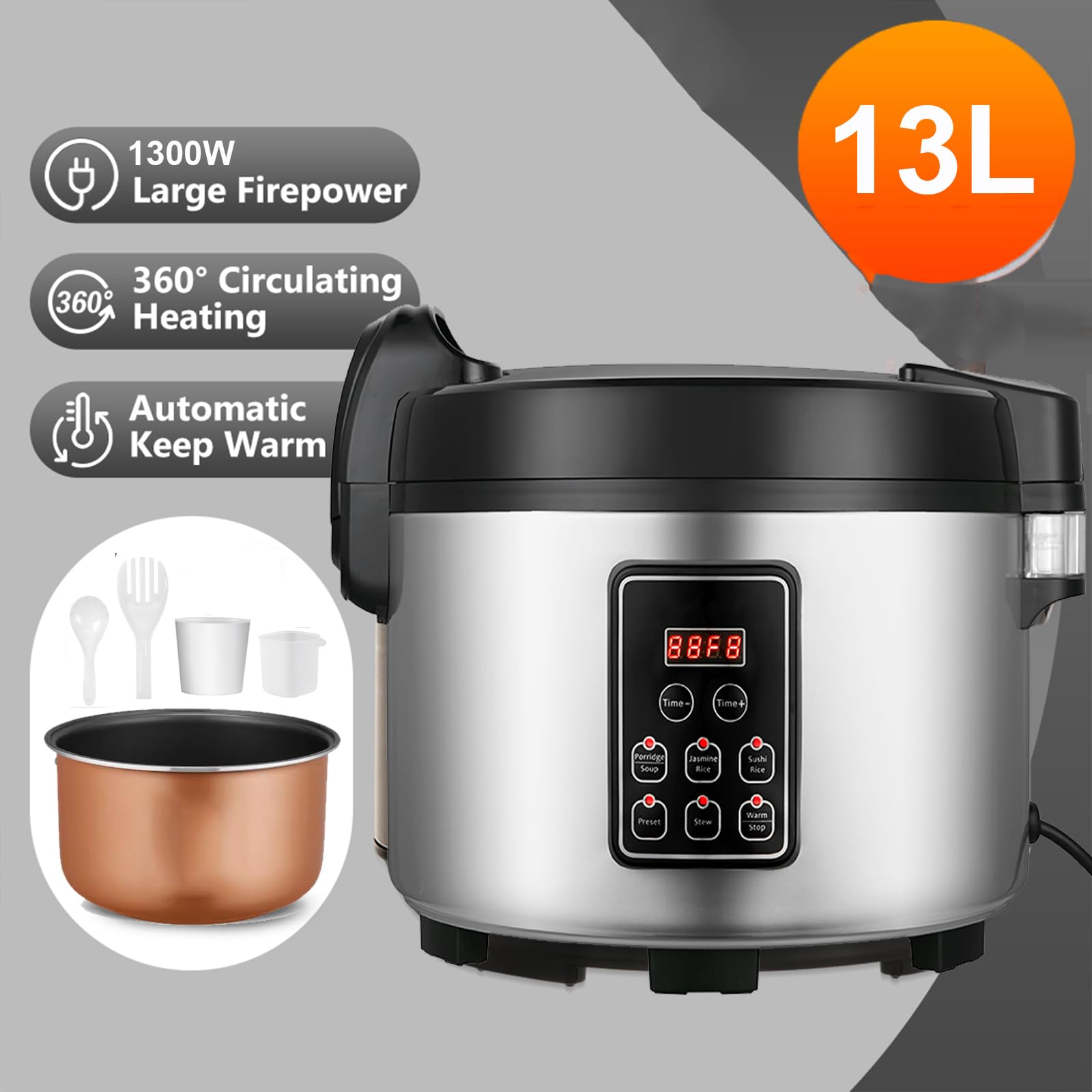 DAZITN Commercial Rice Cooker 60 CUPS (Cooked Rice)& Food Warmer | 13L/13.8Qt Extra Large Multifunctional Rice Cooker | 1350W Fast Cooking with Time Display & Preset|Restaurant Company Canteen Use