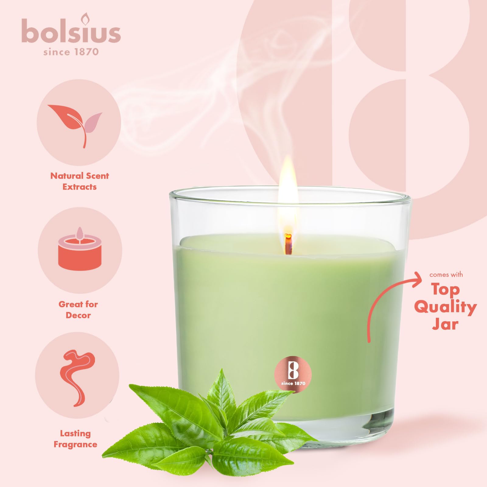 Bolsius Green Tea Scented Candle - Premium Long-Lasting Candle Jar, 43+ Hours Burning Time - Natural Candle with Plant-Based Wax- Smokeless. Clean-Burning Aromatherapy Candle - Large, 8oz Glass Jar