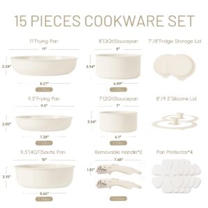 CAROTE 15pcs Ceramic Cookware Set, Pots and Pans Set Non Stick, Induction Kitchen Cookware Sets, Non Stick RV Cookware Set with Detachable Handle, Dishwasher/Oven Safe Cookware Set, Cream White