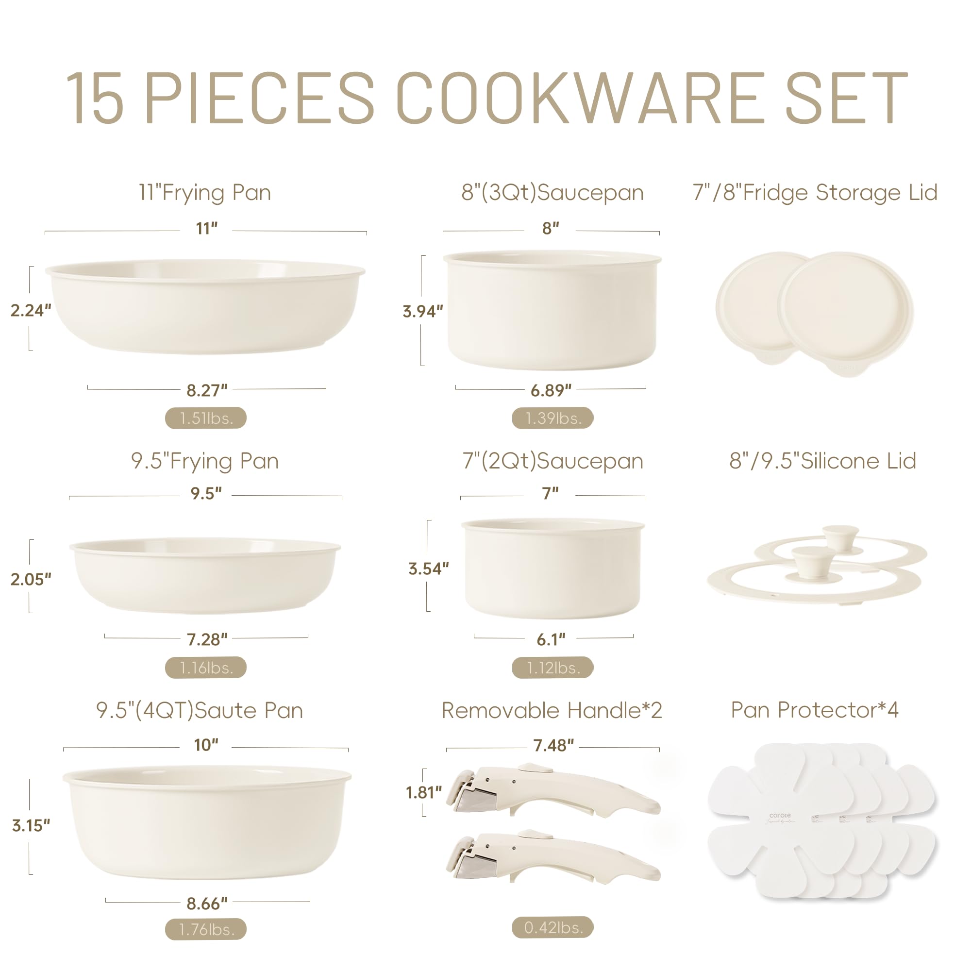 CAROTE 15pcs Ceramic Cookware Set, Pots and Pans Set Non Stick, Induction Kitchen Cookware Sets, Non Stick RV Cookware Set with Detachable Handle, Dishwasher/Oven Safe Cookware Set, Cream White