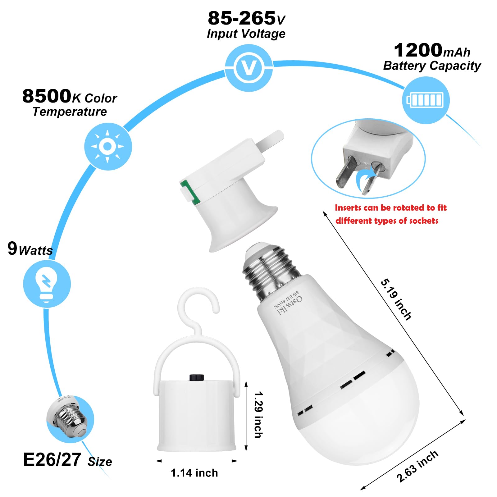 Ostwiki Emergency Rechargeable Light Bulbs,6 Pack Battery Operated Backup Light Bulb for Power Outage Camping Outdoor Hurricane 9W E27 8500K 1200mAh White Equivalent Self-Charging LED Light Bulbs