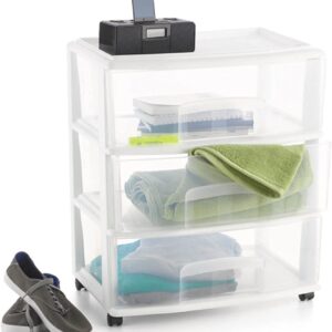 Plastic Storage Drawer Cart, Medium Home Organization Storage Container with 3 Large Clear Drawers With Wheels (WHITE)