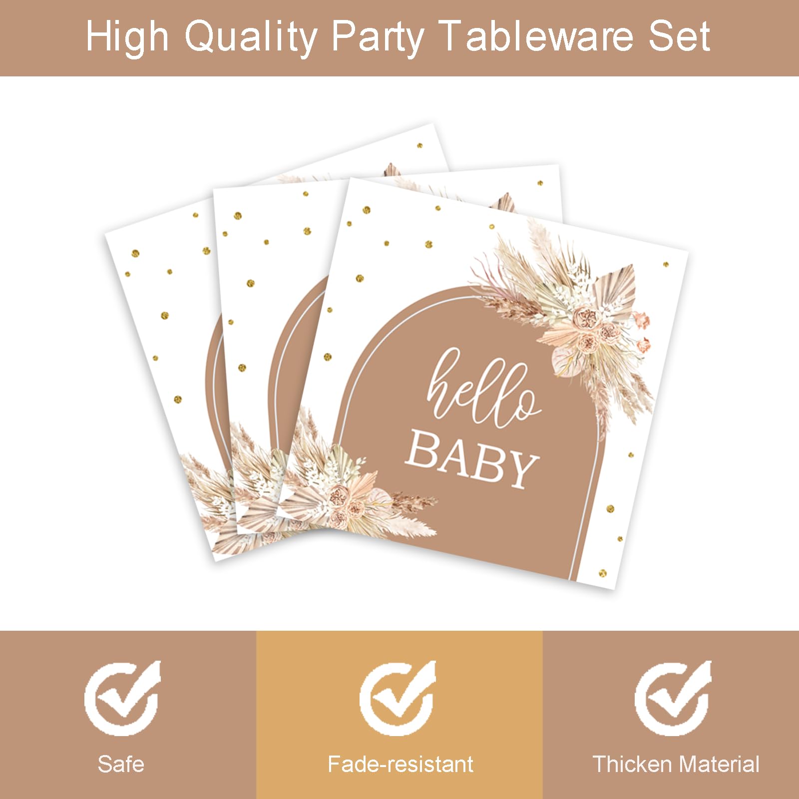 96pcs Boho Baby Shower Party Plates and Napkins Tableware Set for 24 Guests Bohemian Pampas Grass Floral Rainbow Arch Party Dinnerware Supplies Favors Decorations for Hello Baby Events