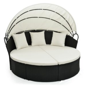 tangkula outdoor patio round daybed with retractable canopy, black rattan wicker furniture sectional seating with cushions and throw pillows, seating separates cushioned seats for backyard (off white)