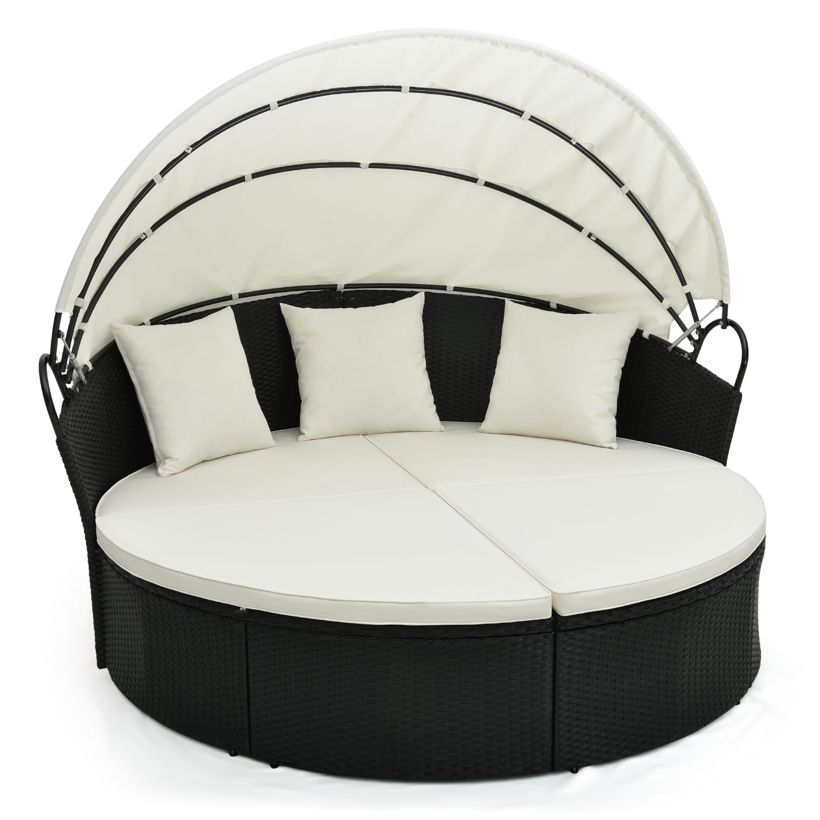 Tangkula Outdoor Patio Round Daybed with Retractable Canopy, Black Rattan Wicker Furniture Sectional Seating with Cushions and Throw Pillows, Seating Separates Cushioned Seats for Backyard (Off White)