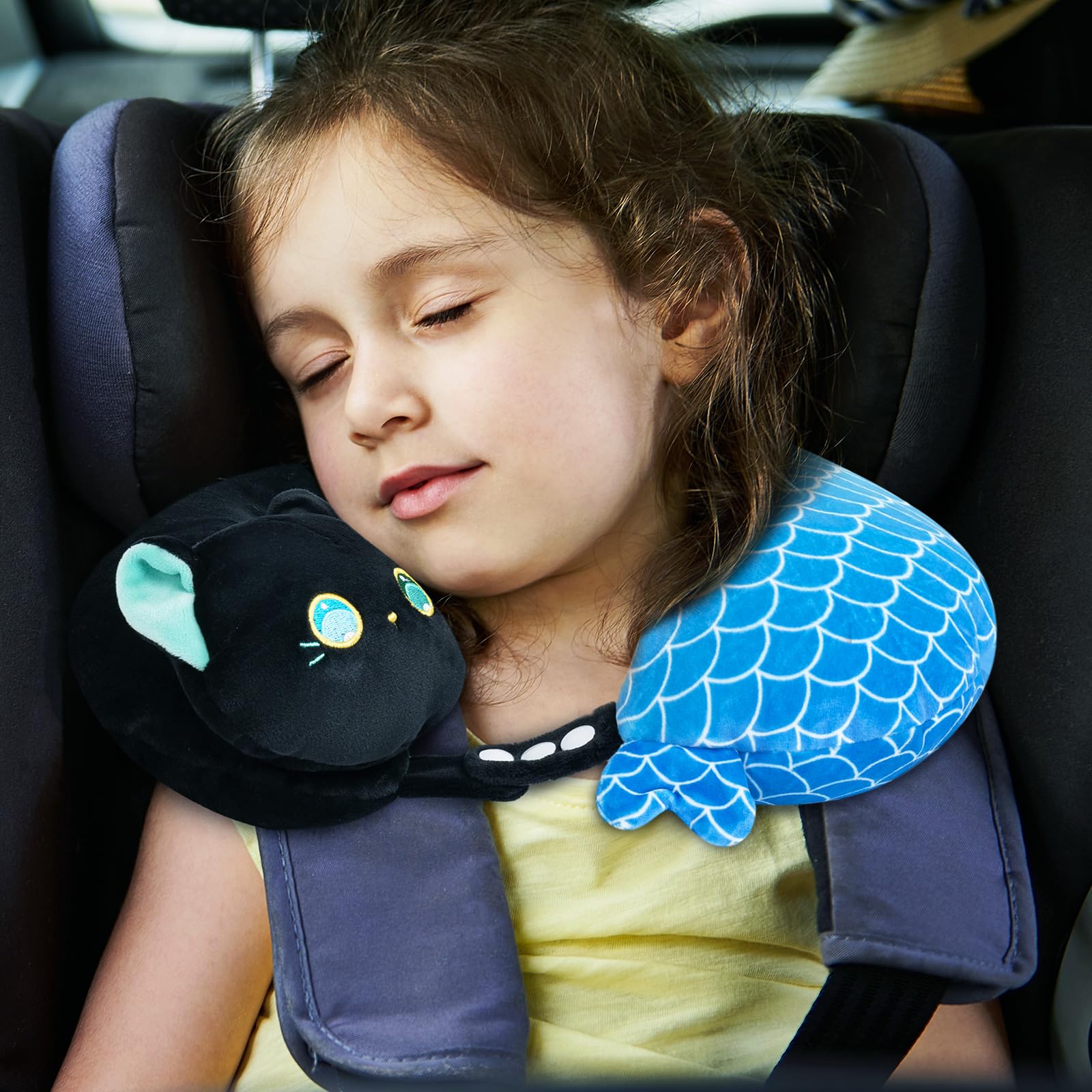 Caaaat Kids Travel Pillow, 2 in 1 Deformable Kids Neck Pillow with U-Shaped Pillow & Cute Cat Animal Reversible Plush Toy for Airplane, Car, Train