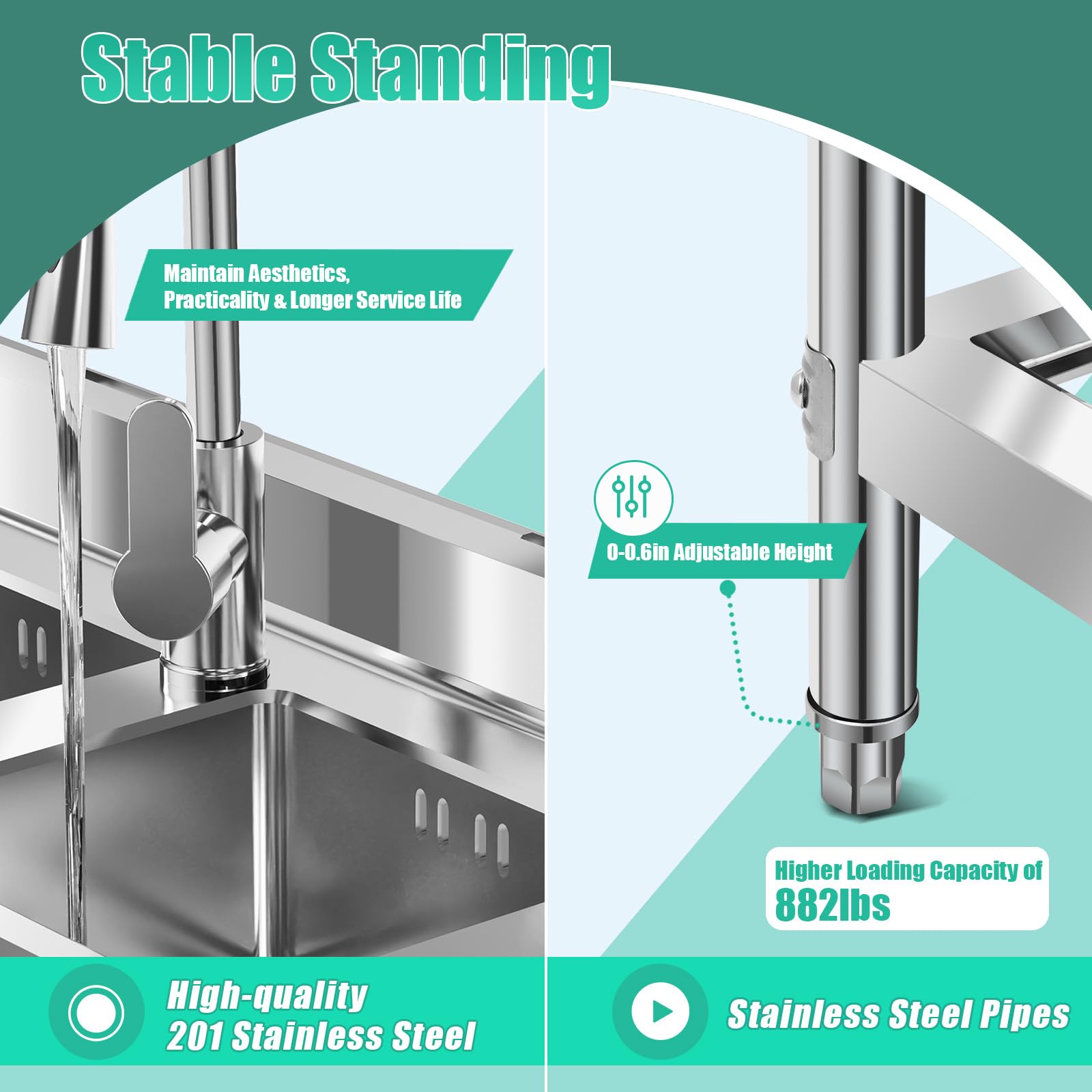 LIYUANJUN 3 Tier Commercial Sink, 201 Stainless Steel Sink With 2 Washing Hand Basins&Drain Pipe&Faucet Indoor Floor Standing Sink for Kitchen Hotel Restaurant Storage Shelves