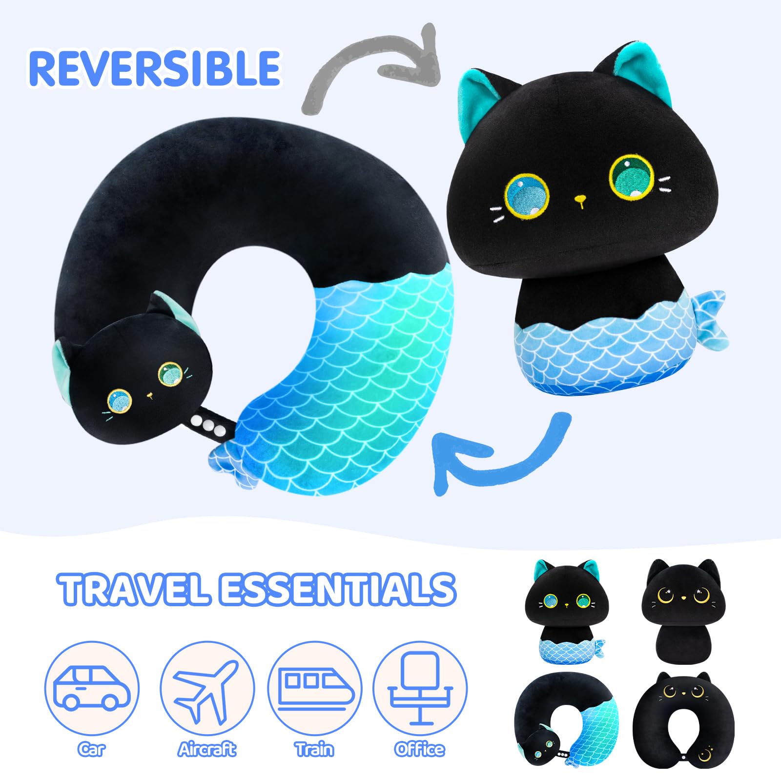 Caaaat Kids Travel Pillow, 2 in 1 Deformable Kids Neck Pillow with U-Shaped Pillow & Cute Cat Animal Reversible Plush Toy for Airplane, Car, Train