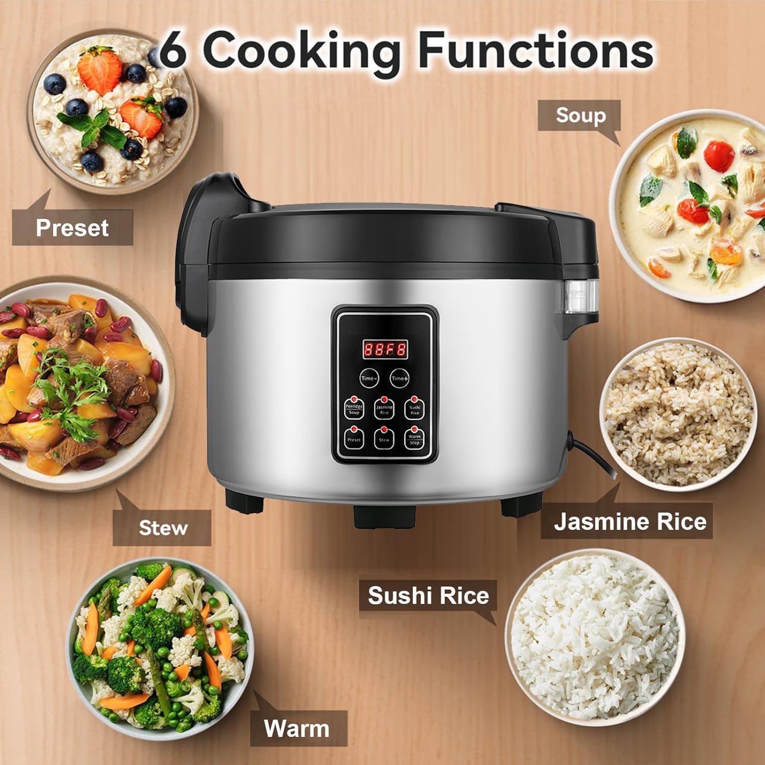 DAZITN Commercial Rice Cooker 60 CUPS (Cooked Rice)& Food Warmer | 13L/13.8Qt Extra Large Multifunctional Rice Cooker | 1350W Fast Cooking with Time Display & Preset|Restaurant Company Canteen Use