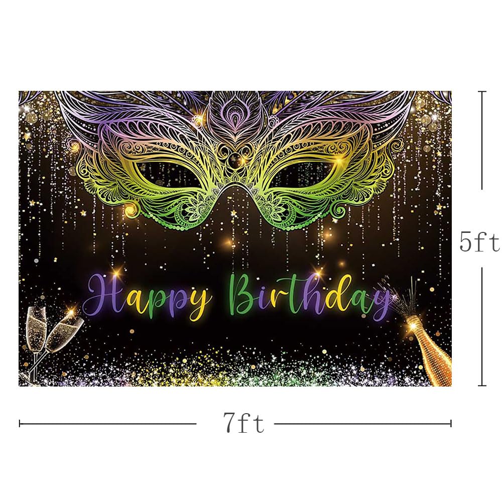 MEHOFOND 7x5ft Mardi Gras Theme Backdrop Masquerade Happy Birthday Party Background Purple Green Gold Mask Dancing Prom Party Photo Booth for Wedding Bachelorette Party Decorations Banner