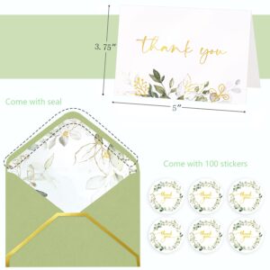 VEEYOL 100 Gold Foil Thank You Cards with Envelopes, 5x3.75 Inches Greenery Eucalyptus Thank You Notes For Wedding, Baby Shower, Graduation, Bridal, Business, Anniversary