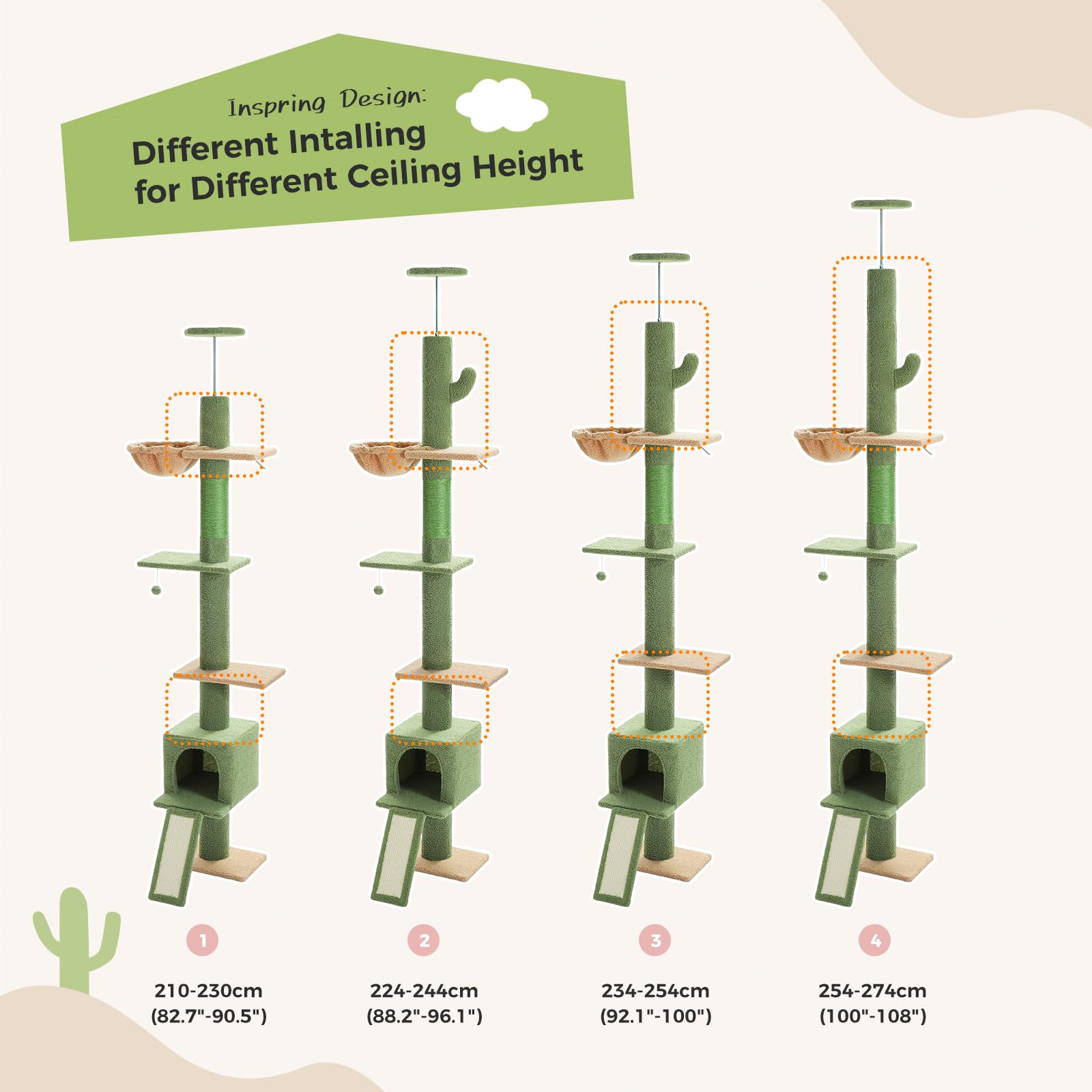 PEQULTI Cat Tree Floor to Ceiling,Cactus Tall Cat Tower, Adjustable Height (83''-108'') 5 Tiers Cat Climbing Tree for Indoor Cats with Cat Condo, Cat Scratching Post and Cat Ladder, Green