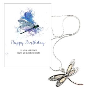 Smiling Wisdom - Happy Birthday Greeting Card Dragonfly Necklace Gift Set - Teen Women (White Abalone Dragonfly)