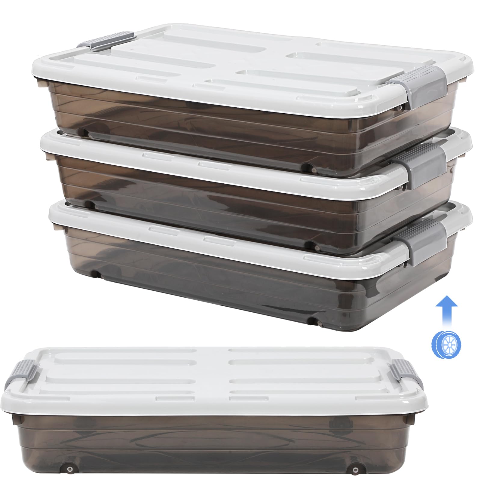 Beeveer 4 Pcs Plastic Under Bed Storage Containers with Lid Wheel Handle, Transparent Large Capacity Stackable Latching Storage Bins for Closet Bedroom Clothes Shoes (Brown,23.7 x 15.8 x 5.2)